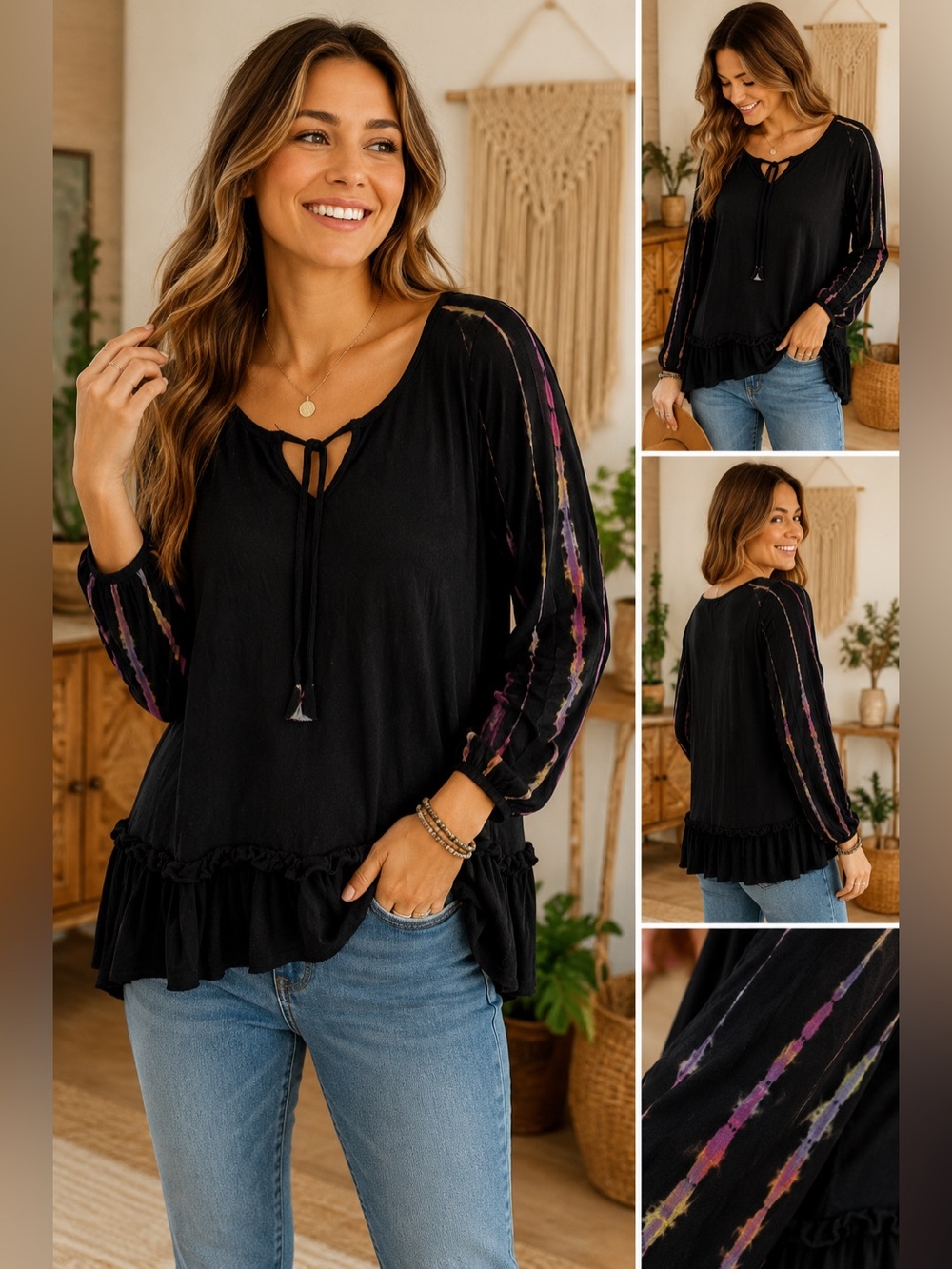 GreaterGood Artisan Boho Tie Dye Long Sleeve Peplum Top, Made in Nepal